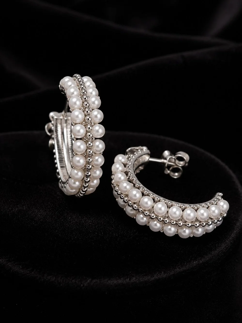 Silver Hoop Earrings with White Pearls